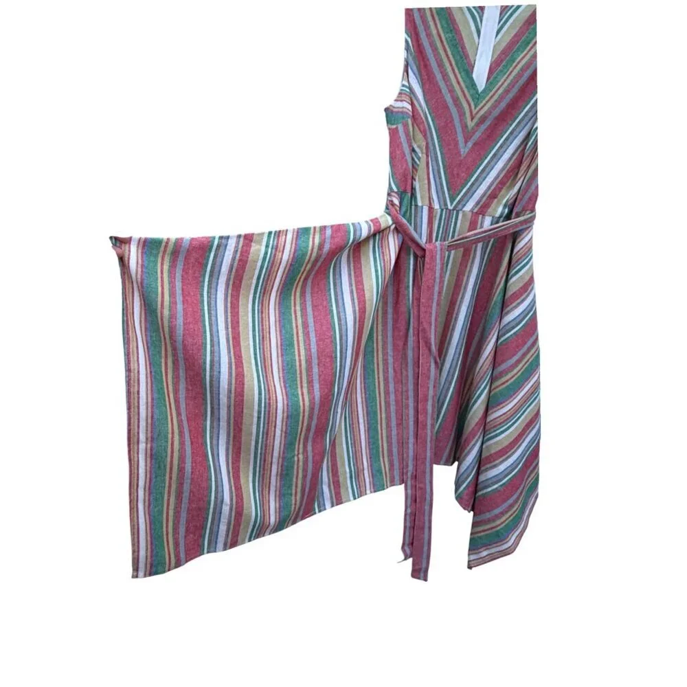 Linen Blend Sundress 1X Asymmetric Picnic Stripe Flowy Cottage